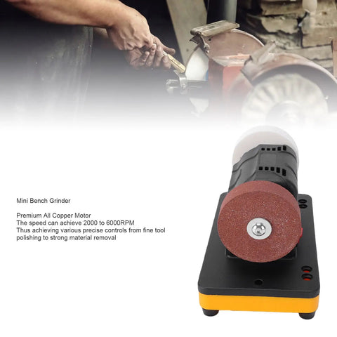 Fafeicy Mini Bench Grinder 3 Inch, Cordless With Variable Speed Control, showing robust copper motor and grinding wheels.