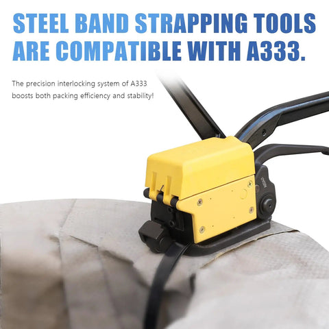 Steel band strapping tool A333 in use with black strapping for secure packaging and stability during banding.