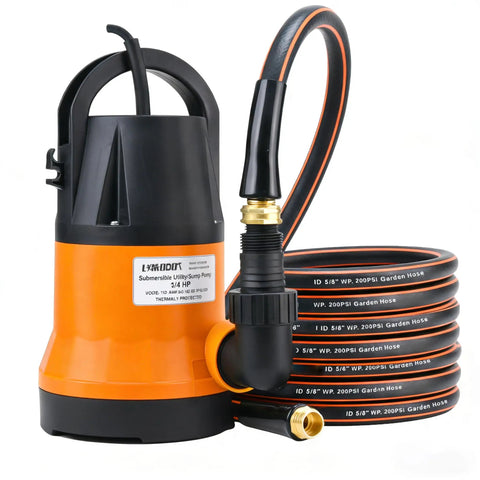 Heavy Duty Submersible Water Pump Kit With 25 Foot Garden Hose And 25 Foot Power Cord Three Quarter HP Utility Pump for drainage.