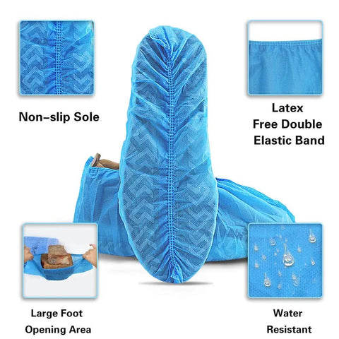 Disposable Shoe Covers 200 Pack 100 Pairs Non Slip Durable Indoor Use With Elastic Fit Up To Men’s 11.5 And Women’s 12.5 shown in blue