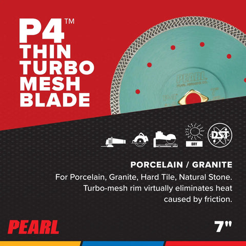 P4 Thin Mesh Turbo Porcelain Blade 7 Inch for porcelain, granite, hard tile; turbo-mesh design reduces heat in cutting.