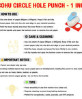 Infographic on how to use Ecohu 1 Inch Circle Hole Punch Lever Tool for crafting and scrapbooking with instructions and tips.