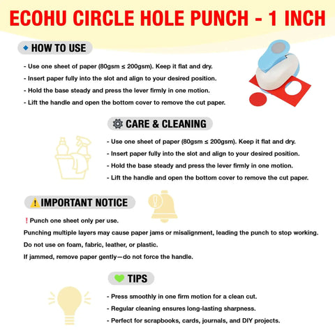 Infographic on how to use Ecohu 1 Inch Circle Hole Punch Lever Tool for crafting and scrapbooking with instructions and tips.