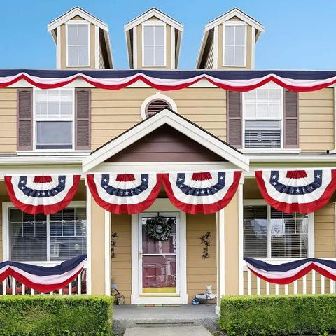House decorated with All American Patriotic Bunting Flags 4Pack 2x4 Ft Pleated Half Fan Flags For 4th Of July Outdoor Porch Decor