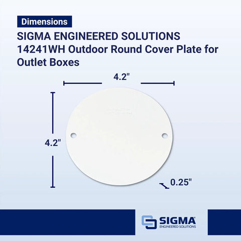 Weatherproof Outdoor Round Outlet Box Cover Plate 4 Inch White Metal 1 Pack With Gasket And Screws For Wet Locations Corrosion Resistant cULus Listed Today, dimensions labeled.