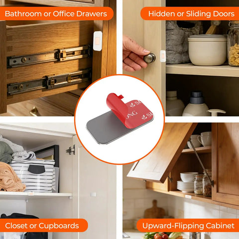 8 Pack Magnetic Cabinet Door Catch Set with 15 Lb Hold shown on various cabinet types, including drawers and cupboards.
