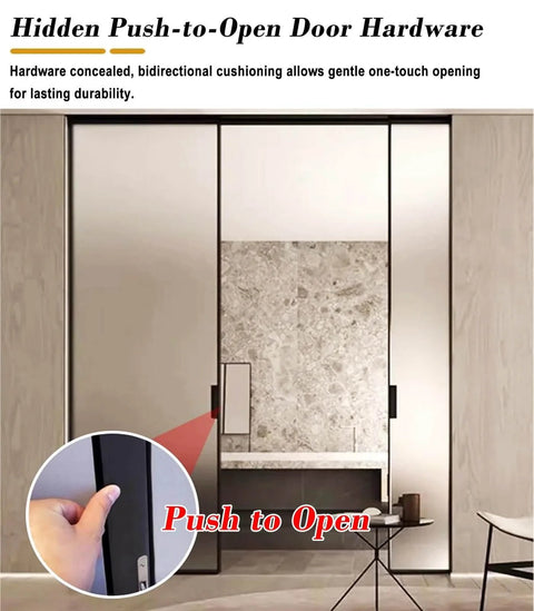 Sliding Door Track Kit With Soft Close Pocket Door Hardware Heavy Duty Smooth Quiet Black Barn Door System for pantry and closet 18.7 ft aluminum visible as push-to-open feature is demonstrated in a modern setting.