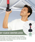 Person demonstrating easy-click center lock of 10x10 Pop Up Canopy Tent With Pocket Sidewalls, One Push Setup, Easy Outdoor Sun Shade