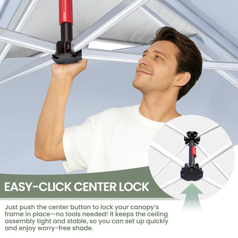 Person demonstrating easy-click center lock of 10x10 Pop Up Canopy Tent With Pocket Sidewalls, One Push Setup, Easy Outdoor Sun Shade