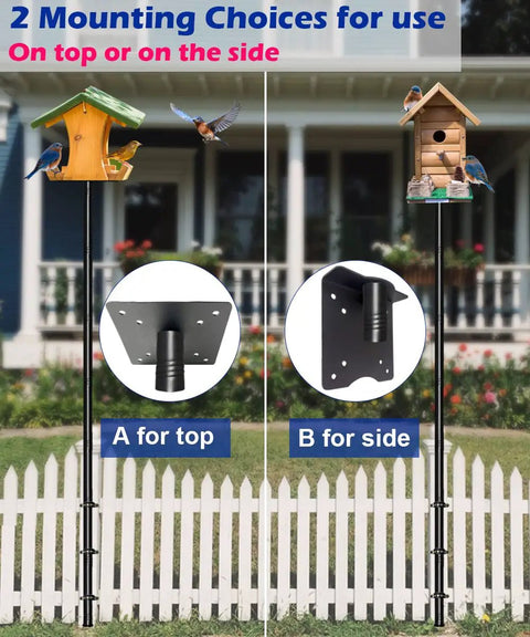 105 Inch Heavy Duty Bird Feeder Pole Kit For Deck Fence And Patio Railing showing mounting options with birdhouses