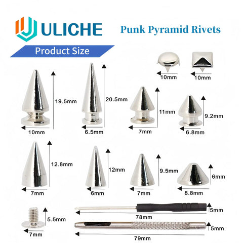 559 Piece Punk Studs And Spikes Kit with cone studs, pyramid rivets shown in various sizes and included tools