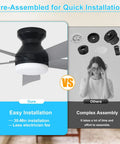 Comparison of easy installation for Cool 42 Inch Black Ceiling Fan With Light showing pre-assembled product versus complex assembly parts.