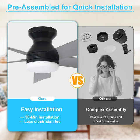 Comparison of easy installation for Cool 42 Inch Black Ceiling Fan With Light showing pre-assembled product versus complex assembly parts.