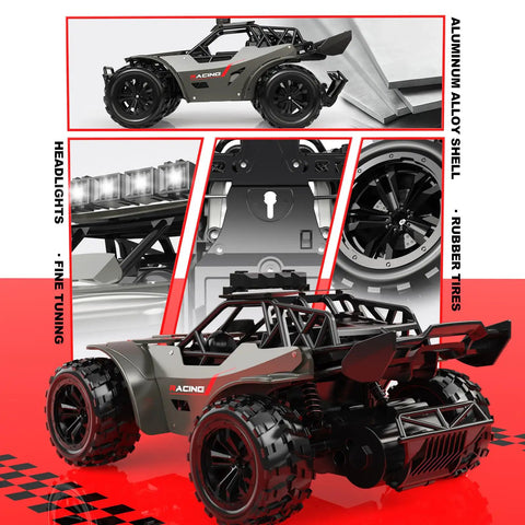 Monster RC Truck With 2.4 GHz Remote Control, Metal Shell, Top Speed 20 KmH, featuring LED headlights and rubber tires.