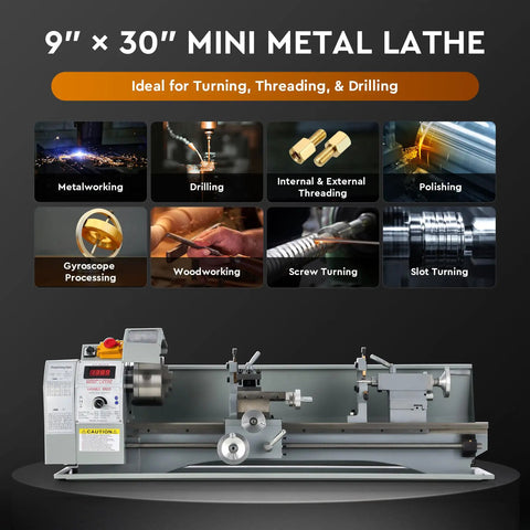 CREWORKS 9 X 30 Mini Metal Lathe Machine With LCD Display showing various metalworking functions, ideal for turning, threading, and drilling.