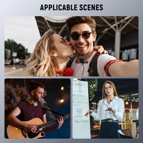 Two Pack Lavalier Lapel Microphones for DJI Wireless Mic Transmitters and Rode Wireless GO II in various usage scenarios