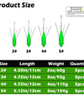 Size chart for Five Piece Sputnik Sinker Weights For Saltwater Surf Casting And Catfishing, 2 to 5 oz, green lead spider sinkers.