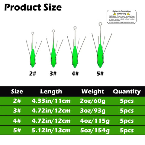 Size chart for Five Piece Sputnik Sinker Weights For Saltwater Surf Casting And Catfishing, 2 to 5 oz, green lead spider sinkers.