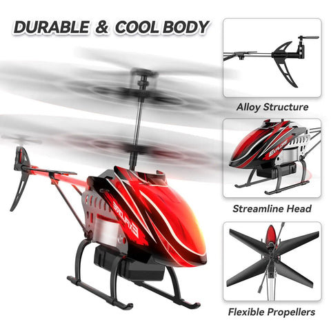 Kid Friendly RC Helicopter With Dual Batteries For Up To 30 Minute Flight, showing red body, alloy protection, propellers, remote toy