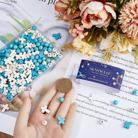 200 Pcs White Cross Beads And Blue Stone Beads Bulk 8mm Round Synthetic Turquoise Easter Pocket Crosses For Jewelry Making