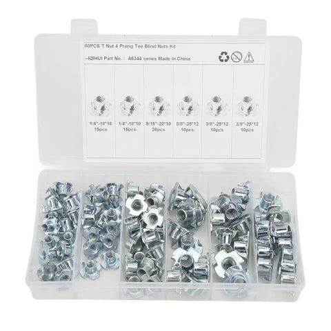 80Pcs T Nuts Threaded Inserts Pronged Tee Nuts Set Built Tough Galvanized Carbon Steel Rustproof Fasteners for Indoor Outdoor Use Kit
