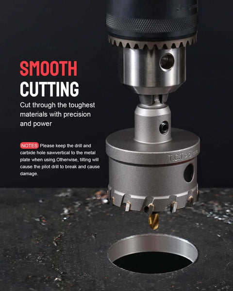 Kolvoii 14-piece TCT hole saw kit; carbide-tipped cutters on drill for metal cutting.