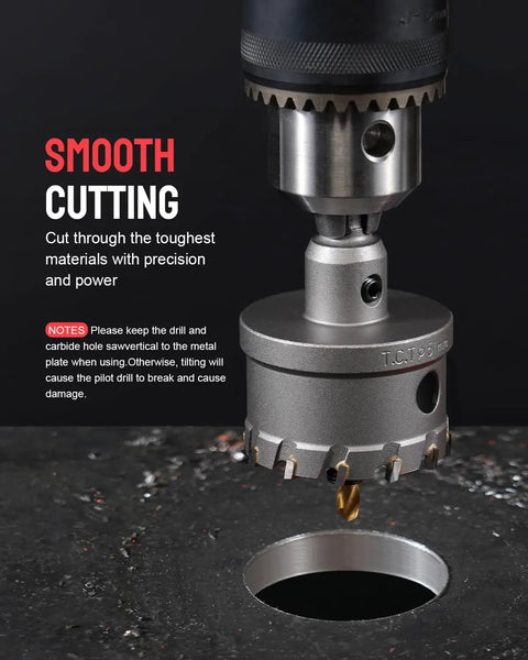 9 Piece Beefy Carbide Hole Saw Kit cutting metal surface with precision