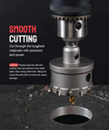 Drilling hole with 12 Piece Tungsten Carbide Tipped Hole Saw Kit For Hard Metals 5/8 To 2-1/8 Inches 2/5 Inch Shank