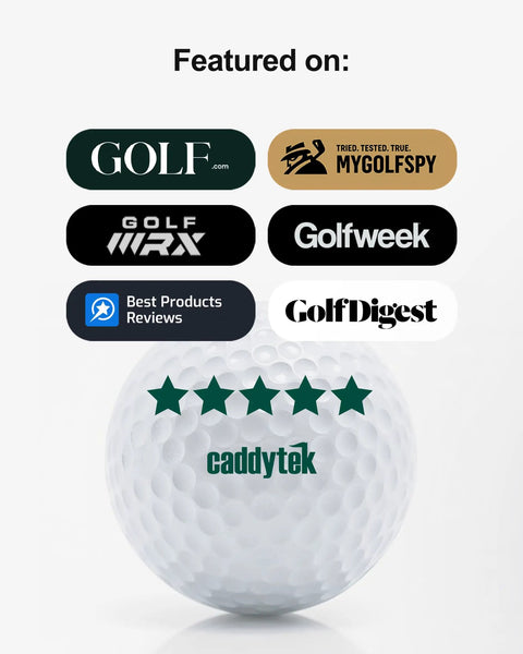 Golf ball with star ratings and logos of GOLF.com, MyGolfSpy, GolfWRX, Golfweek, Golf Digest, and Best Products Reviews