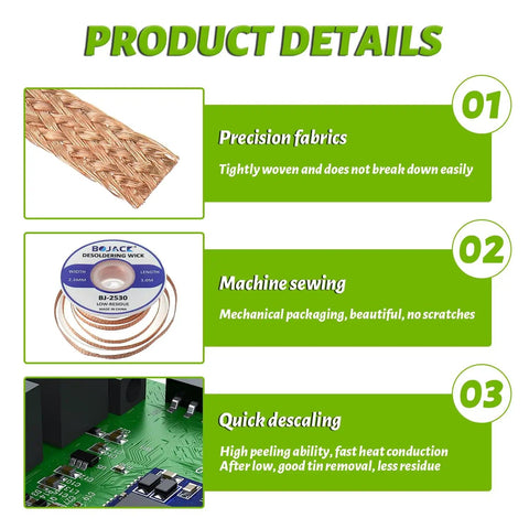 Product details of Desoldering Wick Braided Wire 2.5mm x 3.0m Pure Copper Tin No Clean Solder Braid Pack Of 3 with uses shown