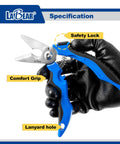7 Inch Angled Electricians Shears For Wire And Cable Cutting, Multi Function Cutting Tool With Stainless Steel Blades, shown with features.