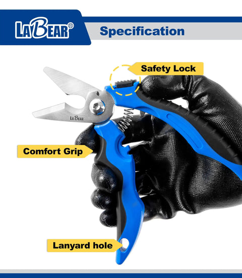 7 Inch Angled Electricians Shears For Wire And Cable Cutting, Multi Function Cutting Tool With Stainless Steel Blades, shown with features.