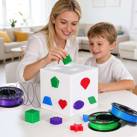 Woman and child playing with shape sorter next to Regular PLA Filament 1.75mm 53mm Spool 250g Six Color Pack for 3D printing
