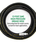 13-foot high-pressure grease hose coiled, part of Beefed Up Air Powered Grease Pump Kit With Booster Gun, Z Swivel And Coupler For 5 Gal Pails, 10,000 PSI High Pressure And 16 Oz Per Minute Flow, Fast Lubrication, Includes 10 Year Warranty