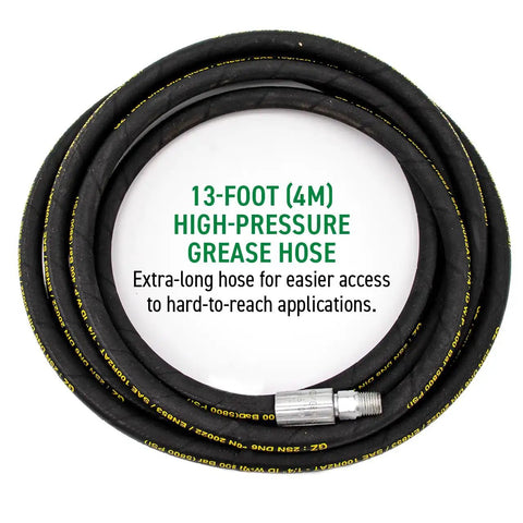 13-foot high-pressure grease hose coiled, part of Beefed Up Air Powered Grease Pump Kit With Booster Gun, Z Swivel And Coupler For 5 Gal Pails, 10,000 PSI High Pressure And 16 Oz Per Minute Flow, Fast Lubrication, Includes 10 Year Warranty