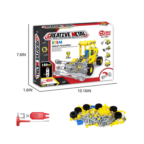 Box of 7 In 1 STEM Vehicle Kit For Kids Ages 8 9 10 11 12 Plus 180 Piece Construction Set For Building Forklift Dump Truck Crane Bulldozer.