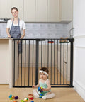 36 Inch Extra Tall Baby Gate For Stairs And Doorways With Walk Through Door Fits 29.5 To 48.8 Inch Openings Auto Close Pressure Mounted Pet Gate Extra Wide For Dogs Black installed in kitchen, child playing