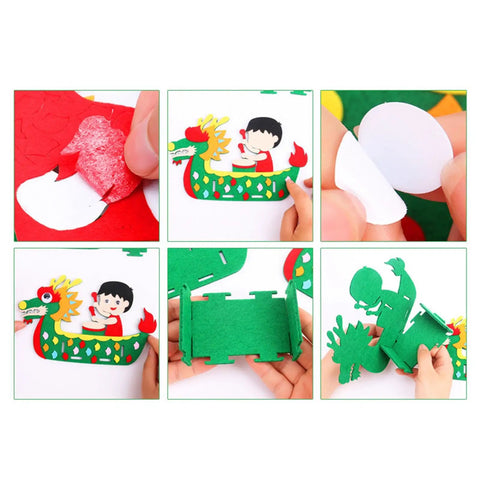 Step-by-step images of assembling DIY Non Woven Dragon Boat Craft Kit For Girls Drummer Toy Making Project Easy To Assemble Kids Craft