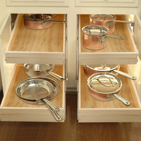 Premium Two Tier Pull Out Cabinet Organizer Featuring Ball Bearings And Smooth Glide Slide Out Drawer For No Sweat Assembly Tons Of Room Under Counter Kitchen Pantry Storage Solution Fits 17 Wide with pots and pans in drawers.