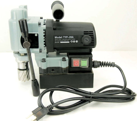 Side view of TYP-28A mag drill with blue-gray body and black motor housing, corded with on/off switch.