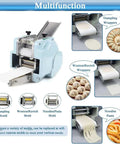 Electric Dumpling Skin Maker With 140W Motor Automatic Wonton Wrapper Machine showing molds for dumpling and noodle prep.