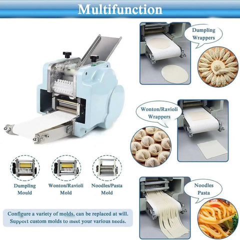 Electric Dumpling Skin Maker With 140W Motor Automatic Wonton Wrapper Machine showing molds for dumpling and noodle prep.