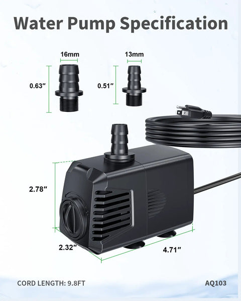 Ultra Quiet Submersible Pump With Overheating Protection And Filter Sponge No Fuss Maintenance 400 GPH 24W dimensions.