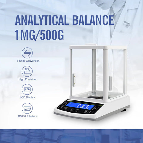 Analytical Balance 500g Capacity 0.001g Accuracy Lab Scale with Windshield RS232 Interface, digital display, white design