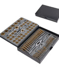 Ultimate 86 Piece Tap Die Set With Hardened Carbide Tools For Automotive Repair And Rethreading Fasteners In Metric And SAE Sizes Plus Storage Box For Pros Who Need Heavy Duty Gear, open case