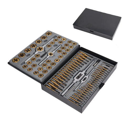 Ultimate 86 Piece Tap Die Set With Hardened Carbide Tools For Automotive Repair And Rethreading Fasteners In Metric And SAE Sizes Plus Storage Box For Pros Who Need Heavy Duty Gear, open case