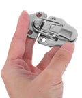 Close-up of a hand holding one silver latch from Six Piece Vintage Iron Jewelry Box Latch Hasps With Screws For Wooden Boxes Retro Chest Lock Buckles To Protect Valuables And Boost Security With Old School Style Hardware