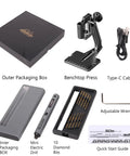 Arrowmax Mini Electric Drill Press With Benchtop Stand 5 Speeds And LED Light, package includes drill, bits, and cables.