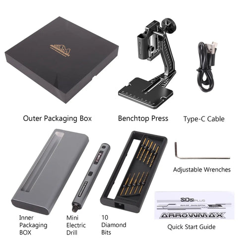 Arrowmax Mini Electric Drill Press With Benchtop Stand 5 Speeds And LED Light, package includes drill, bits, and cables.