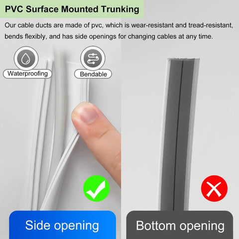 Peel And Stick Wall Cord Cover And Raceway For TV Mounts Extra Long Cable Concealer showing side opening and flexibility features.